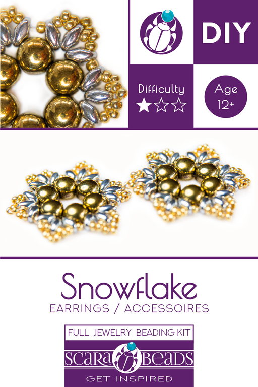 1 St. Exklusives Set zur Herstellung von zwei Schmuck DIY ''Snowflake'' aus tschechischen Perlen (Gold-Silber)
