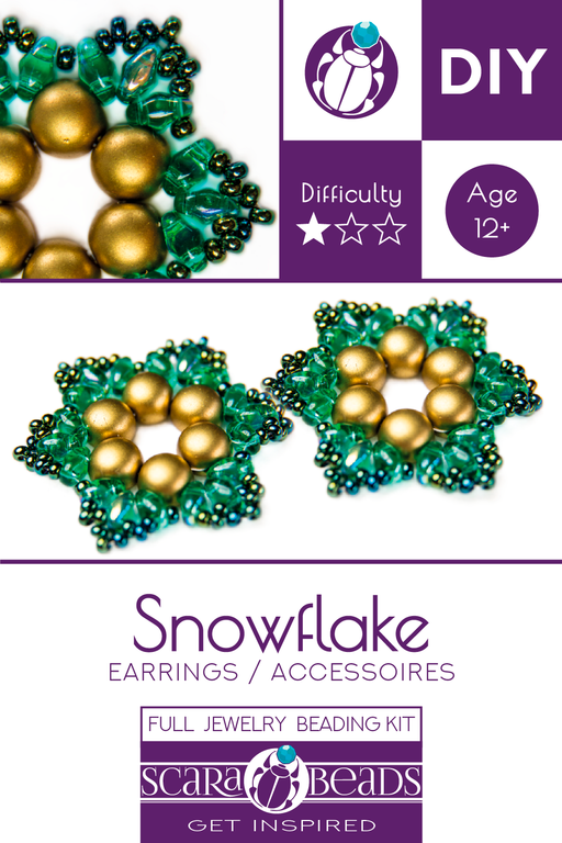 1 St. Exklusives Set zur Herstellung von zwei Schmuck DIY ''Snowflake'' aus tschechischen Perlen (Gold-Grün)