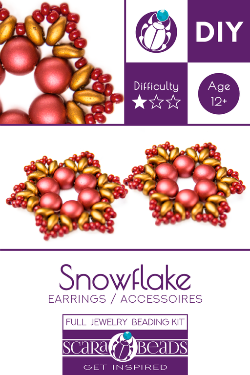 1 St. Exklusives Set zur Herstellung von zwei Schmuck DIY ''Snowflake'' aus tschechischen Perlen (Gold-Rot)