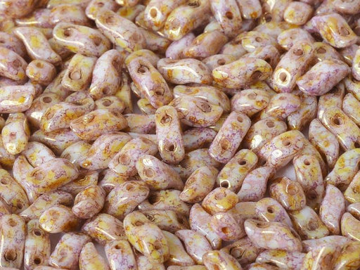 600 St. StormDuo® Gepresste Perlen 3x7mm 2-Loch, Tschechische Glas, Kreideweiß Lila Goldglanz