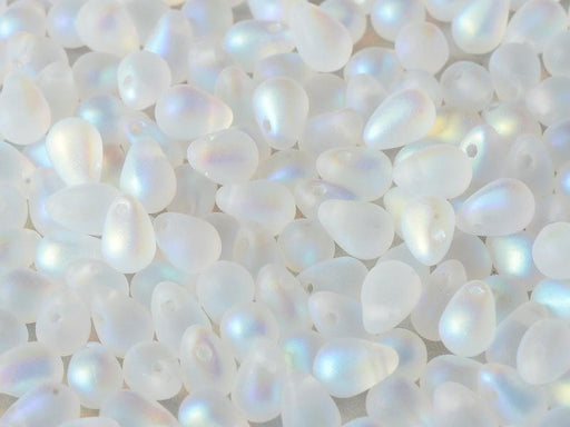 60 St. Teardrop Beads 4x6mm, Kristall Voll AB mattiert, Tschechisches Glas