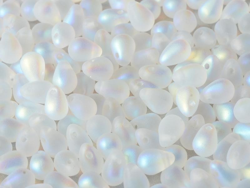 60 St. Teardrop Beads 4x6mm, Kristall Voll AB mattiert, Tschechisches Glas