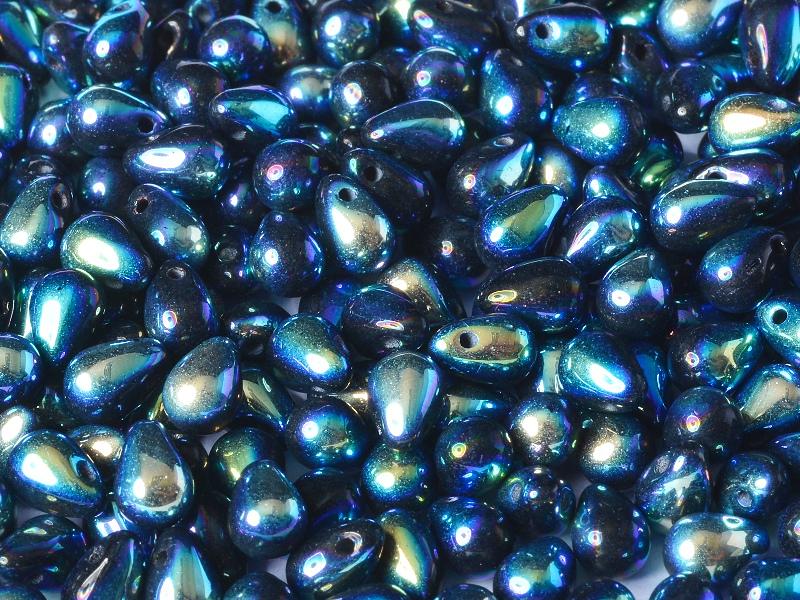 60 St. Teardrop Beads 4x6mm, Schwarz Voll AB, Tschechisches Glas