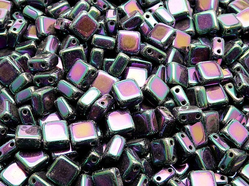 40 St. Tile Gepresste Perlen 6x6x2,9 mm Zwei Löcher, Böhmische Glas,Jet Lila Iris