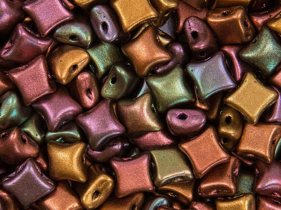 25 St. WibeDuo® Beads 8x8 mm, 2-Loch, Kristall Goldgelb Metallic Iris, Tschechisches Glas
