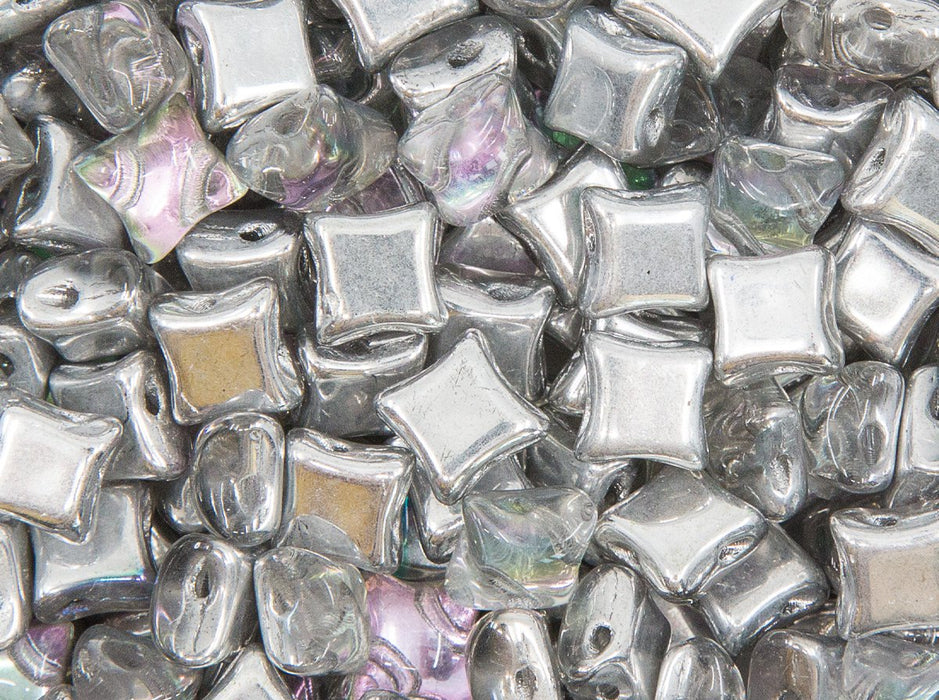 25 St. WibeDuo® Beads 8x8 mm, 2-Loch, Kristall, Glasmalerei Rosa-Grün, Tschechisches Glas