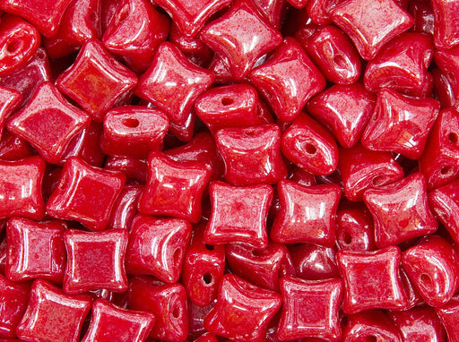 25 St. WibeDuo® Beads 8x8 mm, 2-Loch, Opak, Korallenrot, weißer Lüster, Tschechisches Glas