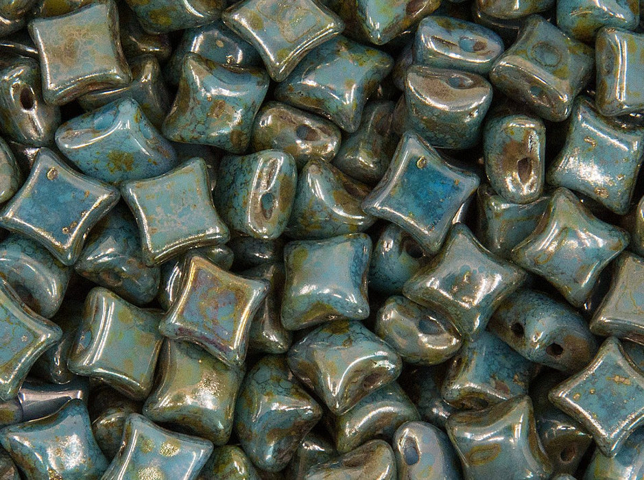 25 St. WibeDuo® Beads 8x8 mm, 2-Loch, Opak Türkis-Bronze, Tschechisches Glas
